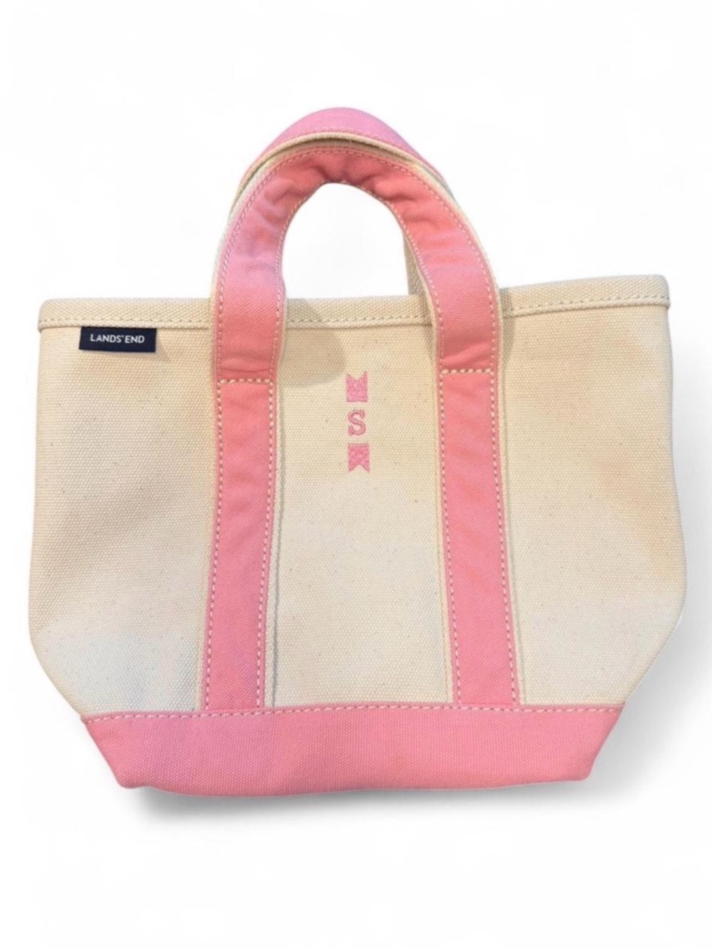 LANDS END nwot small size pink and white canvas tote bag.